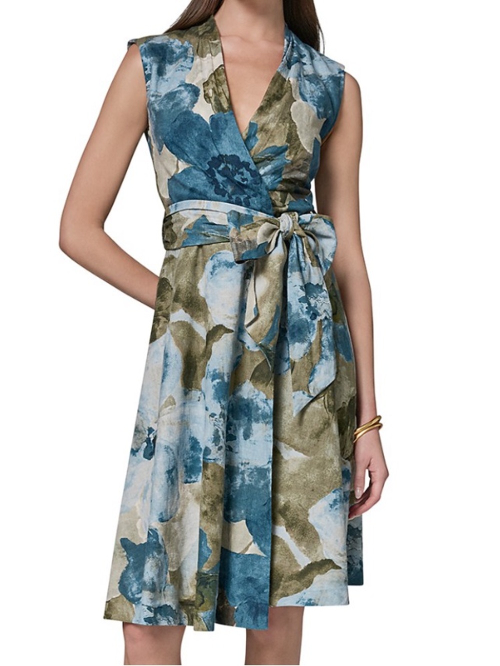 Donna Karan NWT Belted Sleeveless Blue & Olive Floral Wrap Dress with Waist Tie